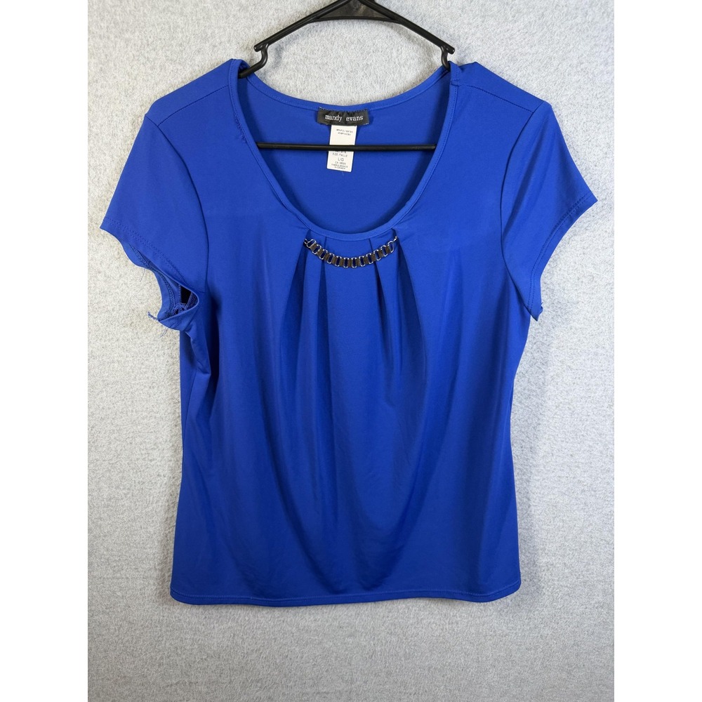 Mandy Evans Blouse Womens Large Blue Scoop Neck Pleated Short Sleeve Stretch Top